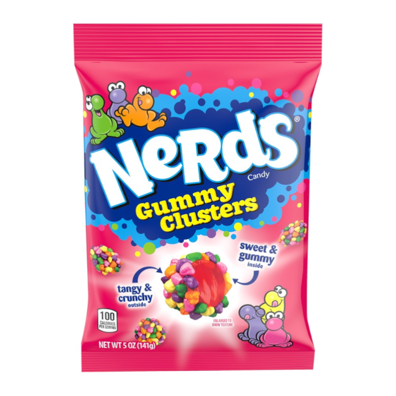 Front of Nerds Gummy Clusters bag showing colourful logo, vibrant candy clusters, and a 141g pack size.