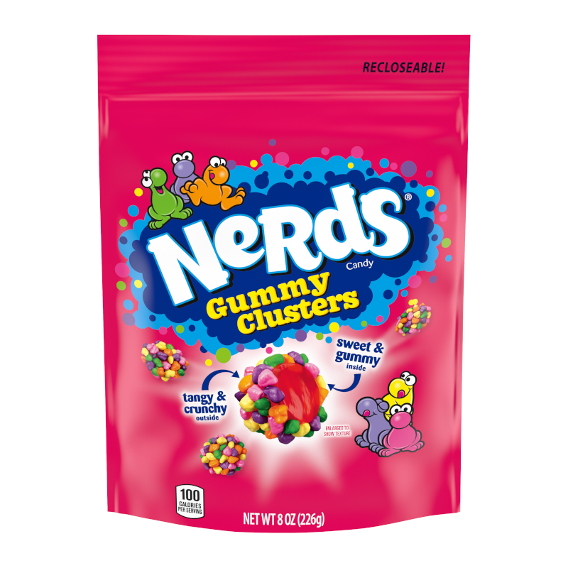 Front of Nerds Gummy Clusters bag showing vibrant pink packaging, colourful candy design, and 226g weight displayed.