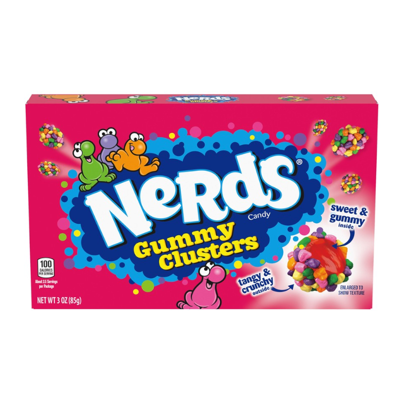 Front of Nerds Gummy Clusters Theatre Box showing vibrant pink packaging with blue logo, featuring sweet and gummy inside with tangy crunch outside (85g pack)