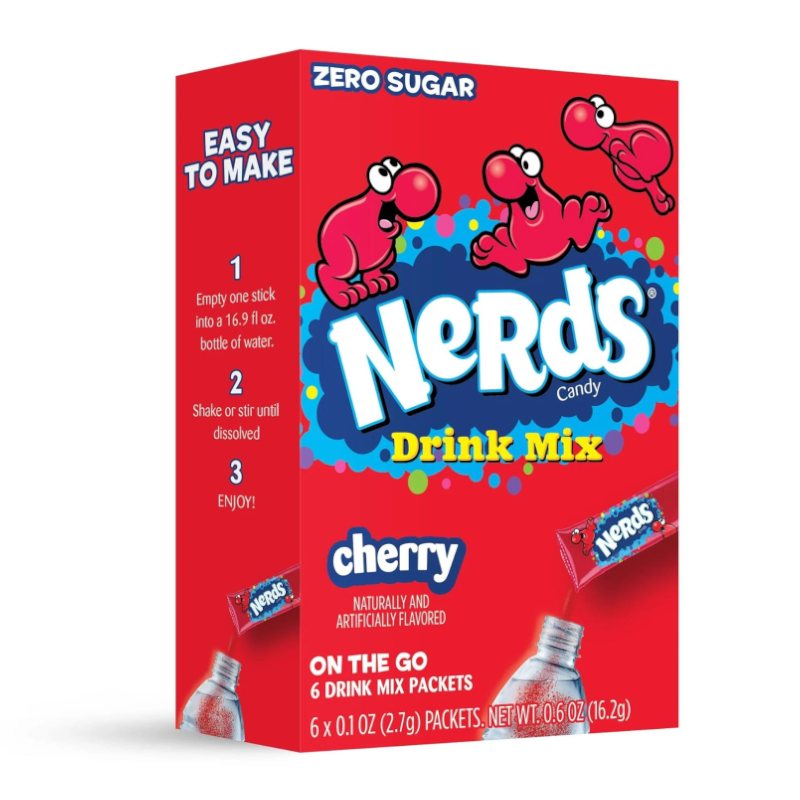 Front of Nerds Cherry Singles To Go box showing vibrant red packaging, cherry flavour label, and logo with six drink mix packets (16.2g total)