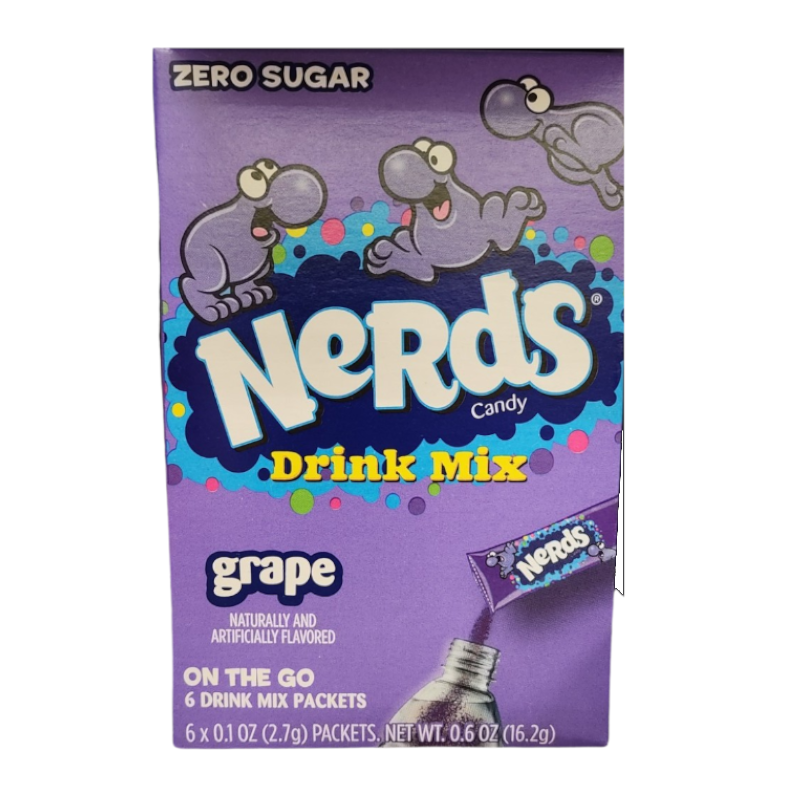 Front of Nerds Grape Singles To Go box showing purple design, Nerds logo, grape flavour label, and details for 6 drink mix packets (16.2g)