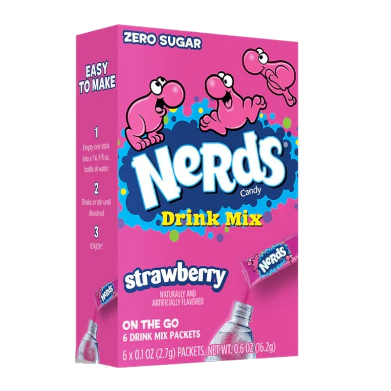 Front of Nerds Strawberry Singles To Go box showing pink label with the Nerds logo, strawberry flavour text, and pack size of 16.2g (6 drink mix packets)
