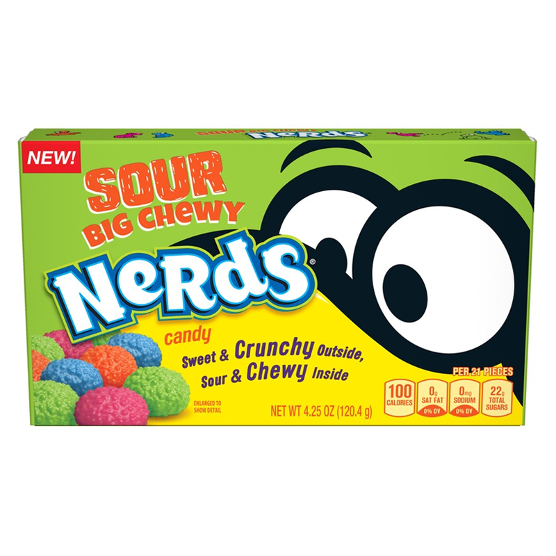 Front of Nerds Sour Big Chewy Theatre Box showing bright green packaging with blue Nerds logo, colourful candy pieces, and 120.4g pack size.