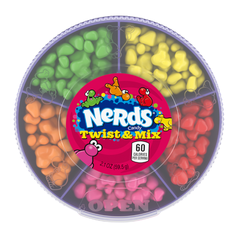Front of Nerds Twist & Mix container showing colourful candy pieces, playful logo, and 59.5g pack size