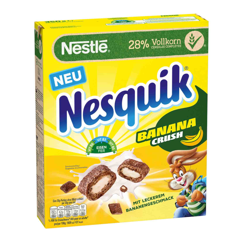 Front of Nesquik Banana Crush Cereal box displaying the logo, banana flavour detail, and an image of cereal with a playful design (150g pack)