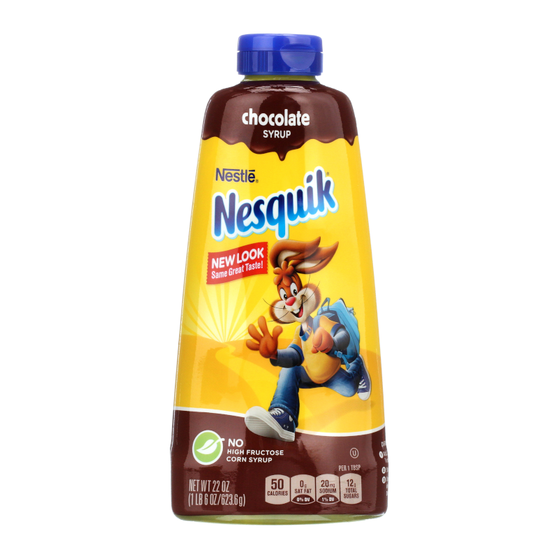Front of Nesquik Chocolate Syrup bottle showing bright yellow label, chocolate syrup designation, and packaging details (623.6g)