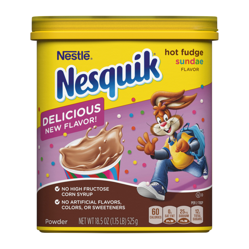 Front of Nesquik Hot Fudge Sundae Drink Mix container showing yellow design, chocolate fudge flavour, and 525g size.