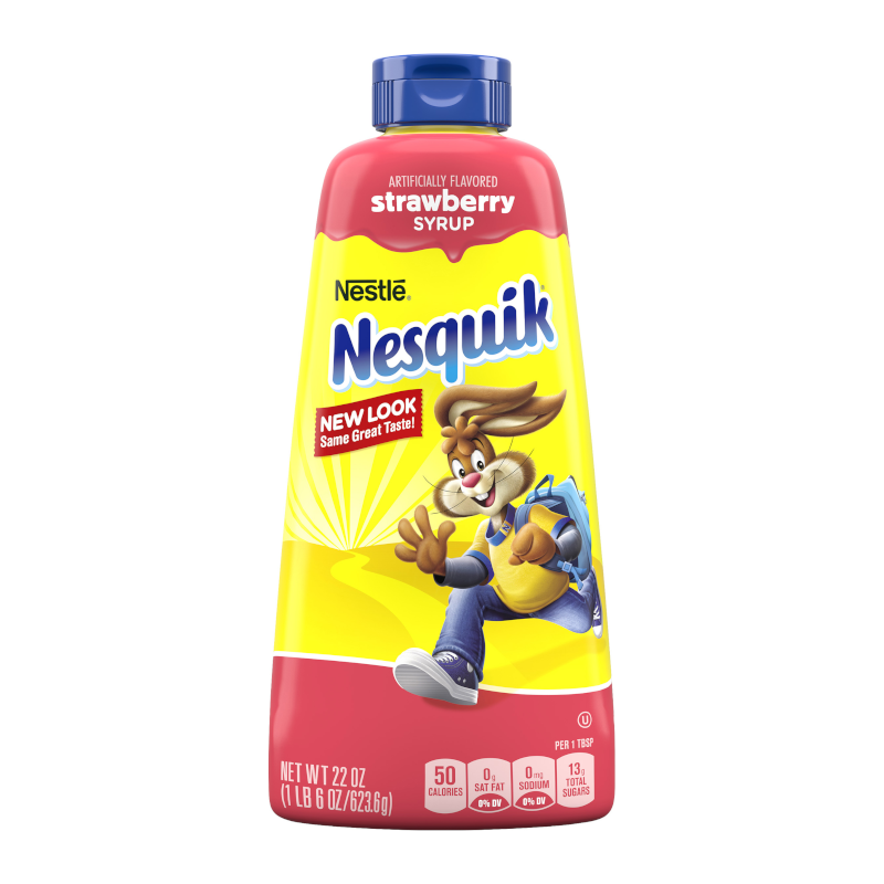 Front of Nesquik Strawberry Syrup bottle showing yellow label with logo, cartoon rabbit, and vibrant strawberry flavour design (623.6g pack)
