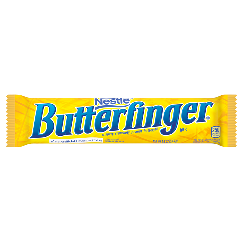 Front of Butterfinger Bar showing bright yellow packaging with Nestlé logo, featuring crispy, crunchy, peanut-buttery design (53.8g)