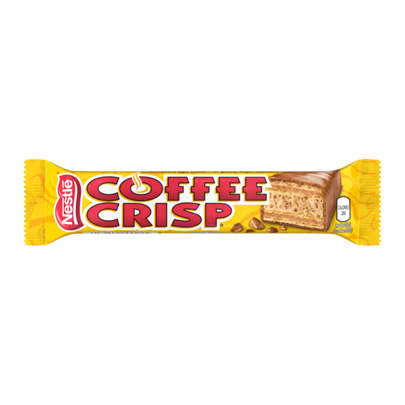 Front of Nestle Coffee Crisp bar showing the brand logo, product name, and an image of the chocolate wafer treat (50g pack)