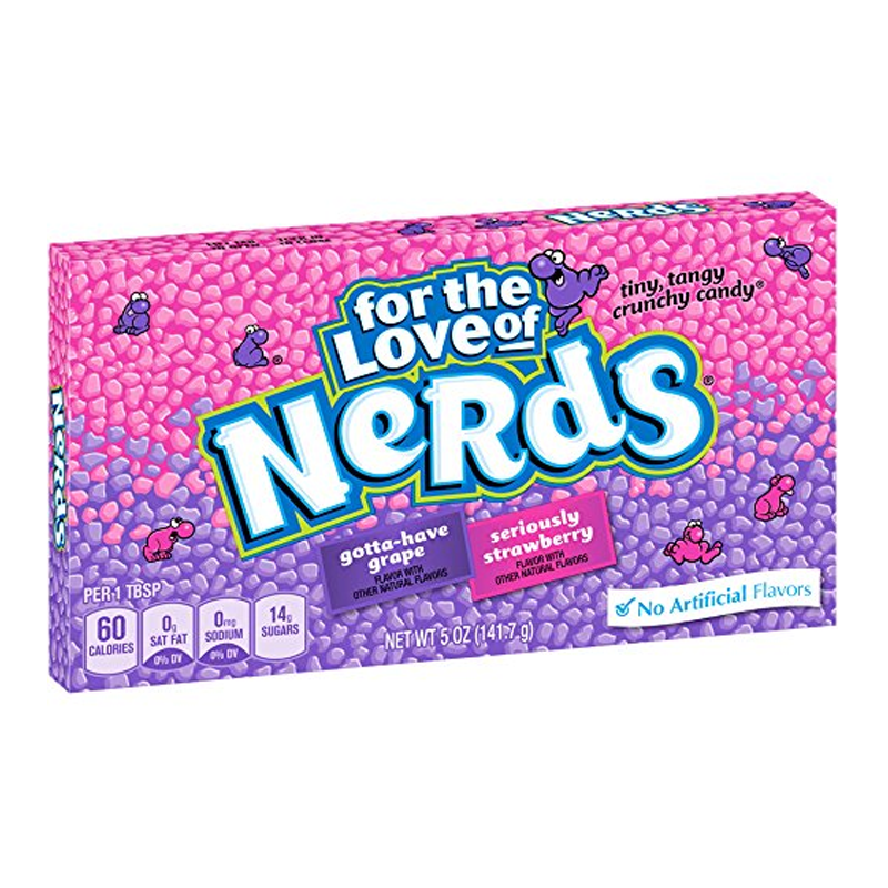 Front of Nerds Grape & Strawberry Theatre Box showing colourful candy pieces, logo, and flavours (141.7g pack)