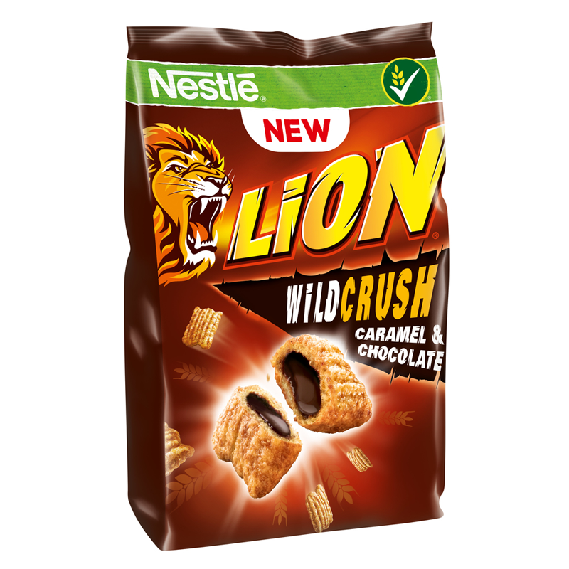 Front of Nestle Lion Wild Crush Caramel & Chocolate Cereal pack showing the colourful logo, caramel and chocolate flavour details, and crispy cereal pieces (350g pack)
