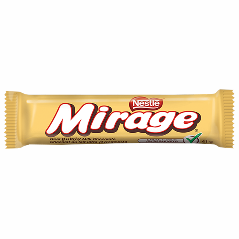 Front of Nestle Mirage chocolate bar showing logo, real bubbly milk chocolate label, and pack size (41g)