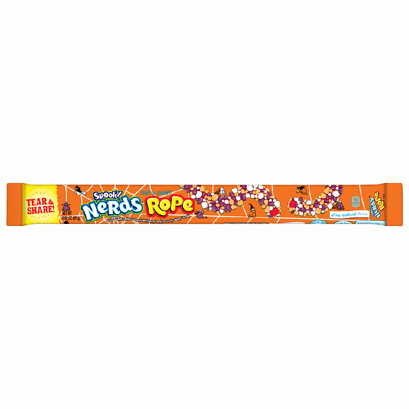 Front of Nerds Spooky Rope showing vibrant orange packaging, festive Halloween design, candy-coated rope, and 26g pack size