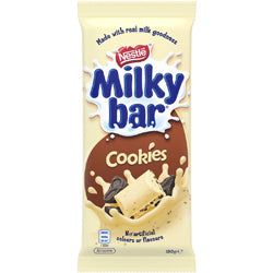 Front of Milkybar Cookies pack showing the Milkybar logo, creamy cookie image, and 180g pack size.