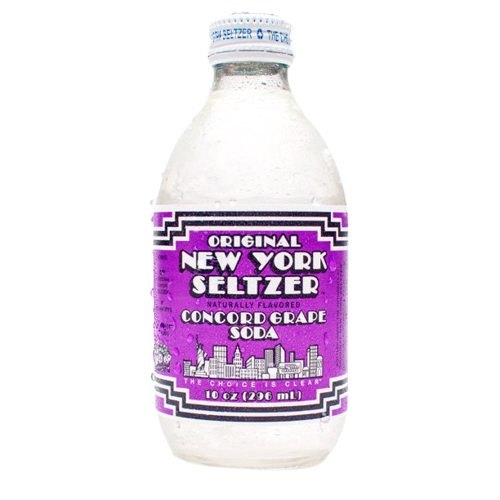 Front of Original New York Seltzer Concorde Grape Soda bottle showing purple label, grape flavour details, and 296ml size.
