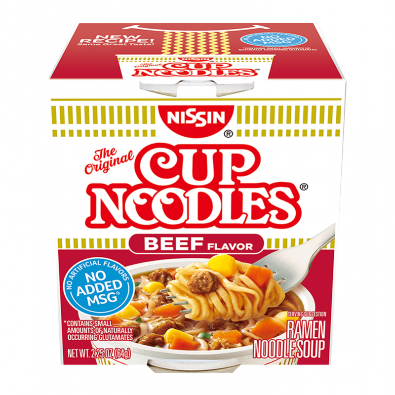 Front of Nissin Cup Noodles Beef cup showing the bold red logo, beef flavour label, and serving suggestion of noodles with assorted vegetables (64g).