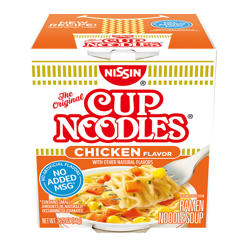 Front of Nissin Cup Noodles Chicken cup showing logo, chicken flavour label, and a serving suggestion with noodles (64g pack)