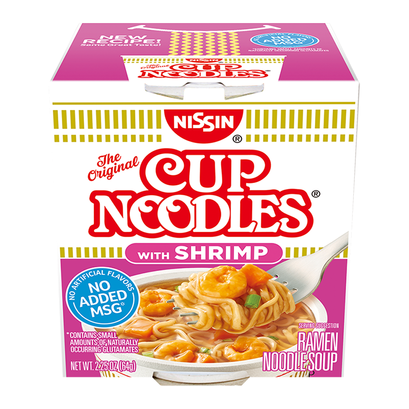 Front of Nissin Cup Noodles Shrimp cup showing logo, shrimp flavour label, and image of noodles with shrimp (64g)