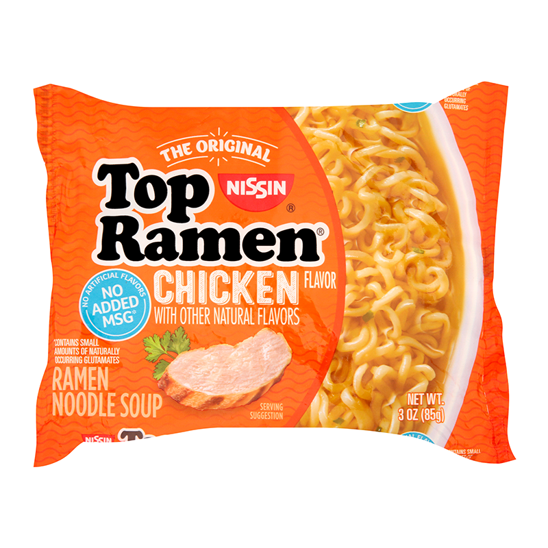 Front of Nissin Top Ramen Chicken Noodles package showing bold black logo, chicken flavour label, and serving suggestion (85g pack)