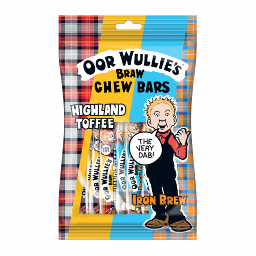 Front of Oor Wullie Highland Toffee & Iron Brew Chew Bar Mix Bag showing colourful packaging, featuring Highland Toffee and Iron Brew branding (150g pack)