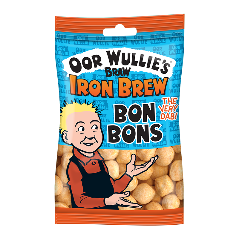 Front of Oor Wullies Braw Iron Brew Bon Bons bag showing bright design, logo, and chewy bon bons (125g pack)