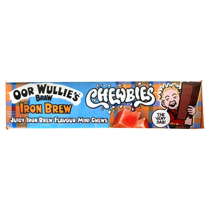 Front of Oor Wullie's Braw Iron Brew Chewbies pack showing vibrant blue design, Iron Brew flavour, and 30g size label.