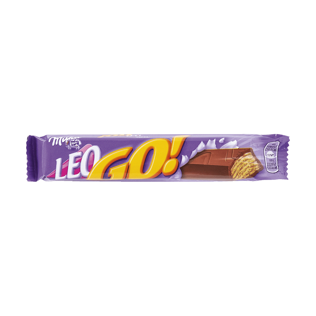 Front of Milka Leo Go! chocolate bar packaging showing Milka logo, Leo Go! name, and image of the chocolate bar (48g pack)