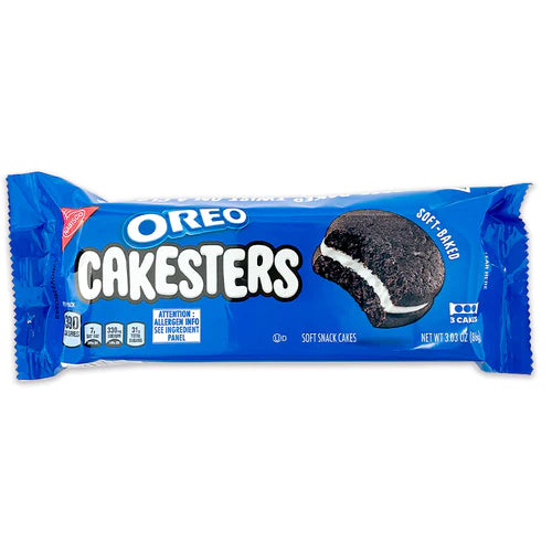 Front of Oreo Cakesters pack showing blue packaging with Oreo logo, soft snack cakes, and cream filling (86g pack)