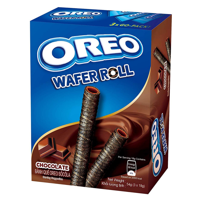 Front of Oreo Chocolate Wafer Rolls packaging showing the logo, chocolate wafer rolls, and details of the 54g pack size.
