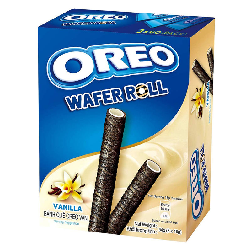 Front of Oreo Vanilla Wafer Rolls package showing logo, wafer rolls, and vanilla flavour label (54g pack)