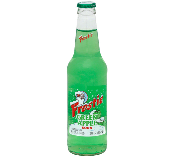 Front of Frostie Green Apple Soda bottle showing the logo and vibrant green apple design (355ml pack)