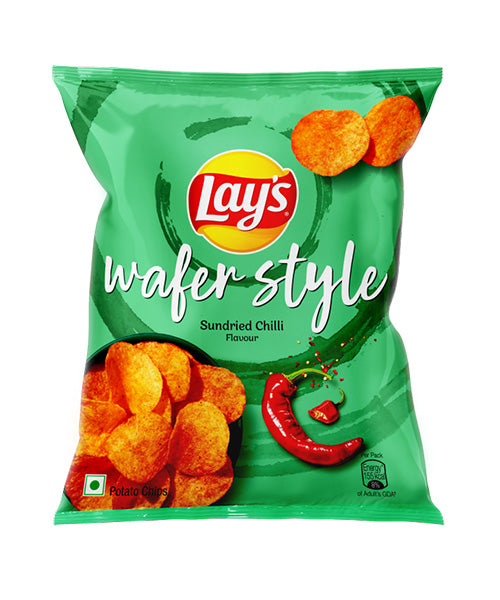 Front of Lay's Wafer Style Sundried Chilli bag showing the Lay's logo, wafer-style potato chips, sundried chilli graphic, and 50g pack size