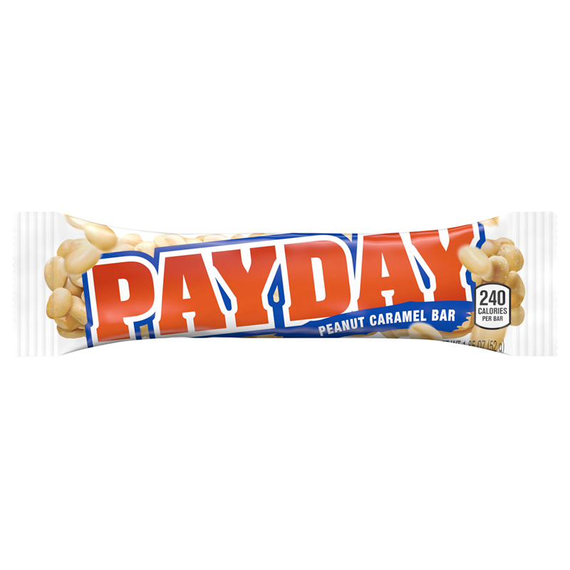 Front of Hershey's PAYDAY Bar showing logo, peanut caramel details, and 52g pack size