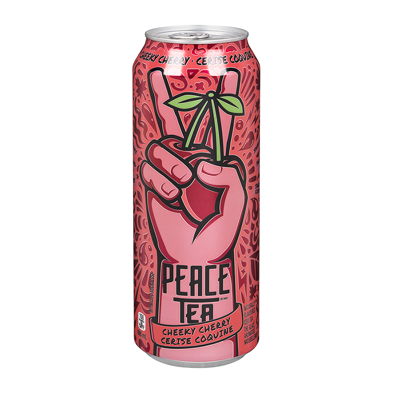 Front of Peace Tea Cheeky Cherry can featuring a vibrant design, cherry flavour details, and the Peace Tea logo (695ml can)