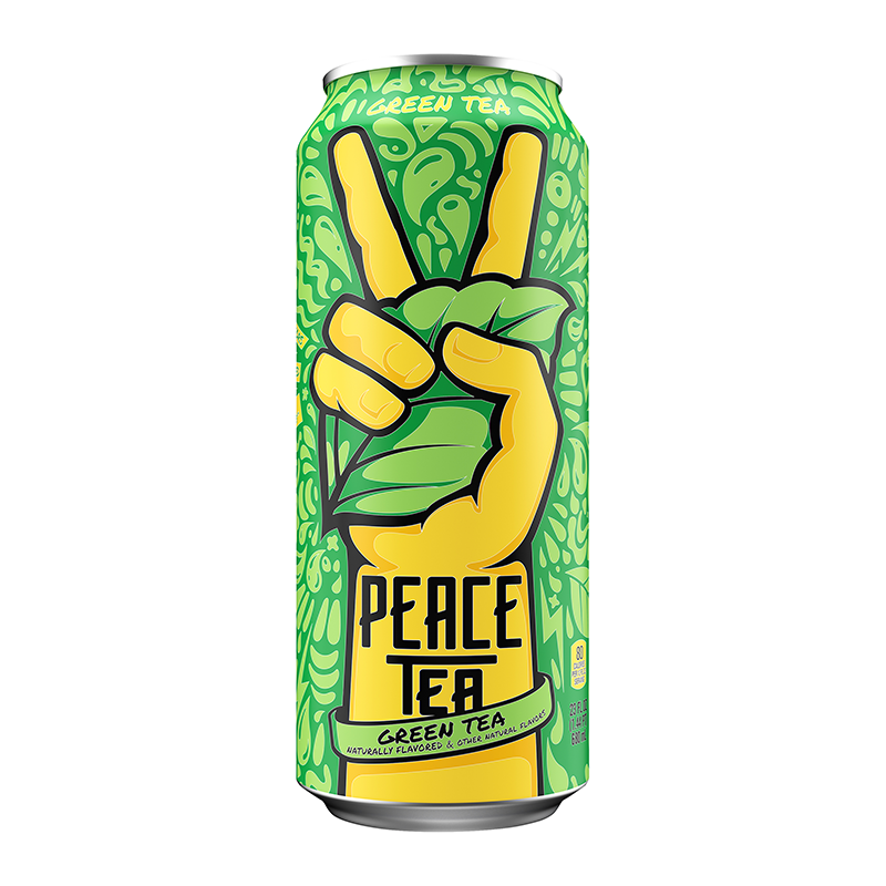 Front of Peace Tea Green Tea can featuring a vibrant design with green colour, the peace sign, and product name, 695ml pack