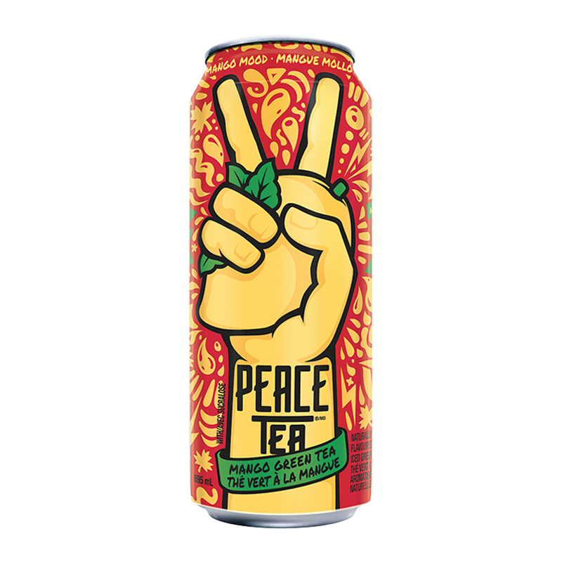 Front of Peace Tea Mango Mood can featuring vibrant design, mango green tea flavour, and 695ml size.
