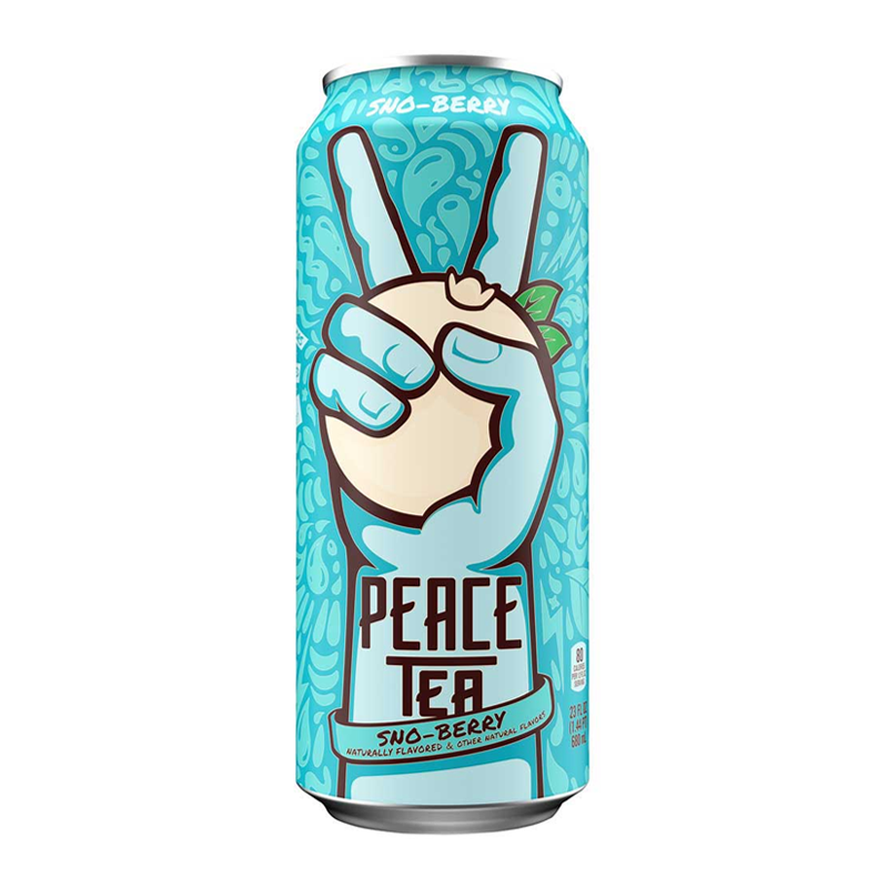 Front of Peace Tea Sno Berry can featuring a blue hand gesture, peach illustration, and product name with 695ml capacity.