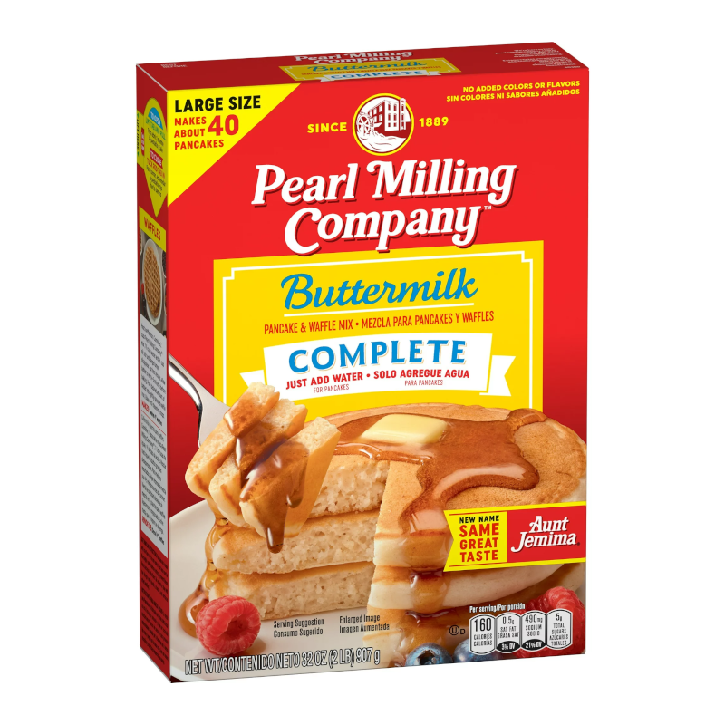 Front of Pearl Milling Company Complete Buttermilk Pancake Mix box showing red packaging, large yellow label, and image of pancakes with syrup (907g pack)
