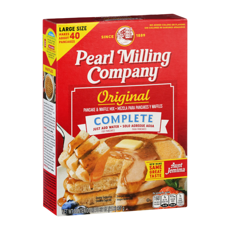 Front of Pearl Milling Company Complete Pancake Mix box displaying red packaging with logo, original flavour, and serving suggestion of pancakes with syrup (907g pack)
