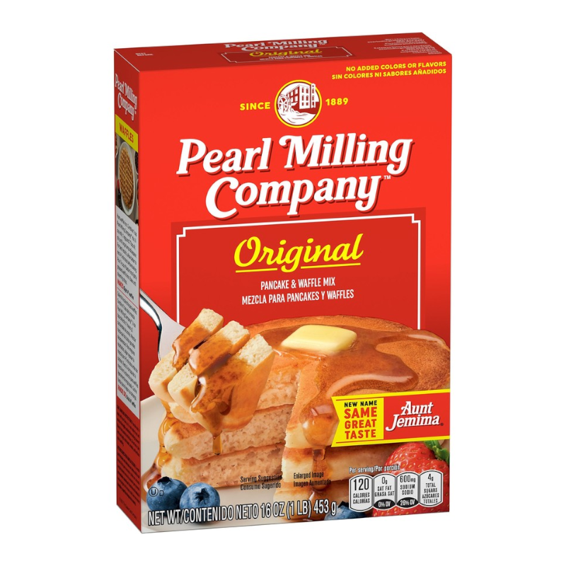 Front of Pearl Milling Company Original Pancake Mix box showing red packaging, logo, and images of pancakes with syrup and butter (454g pack)