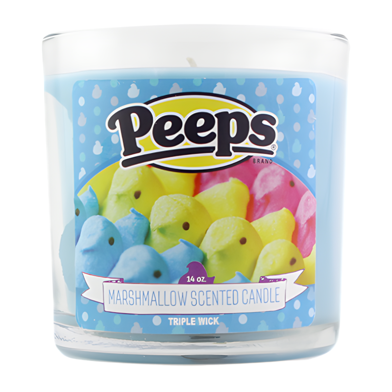Front of Peeps Triple Wick Marshmallow Scented Candle (396g) featuring colourful Peeps characters, candle label, and triple wick design.