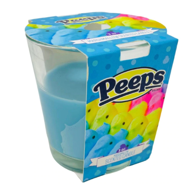 Front of Peeps Blue Marshmallow Scented Candle showing brand logo, blue candle, and bright colourful Peeps design (90g)