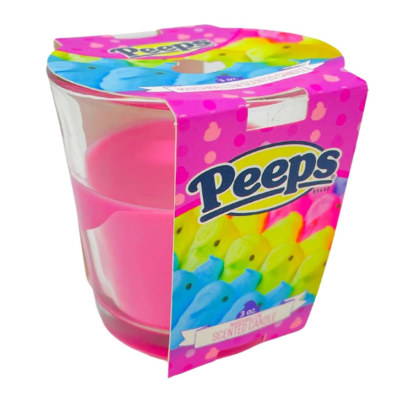 Front of Peeps Pink Marshmallow Scented Candle showing bright pink wax, Peeps logo, and colourful marshmallow graphics (90g candle)