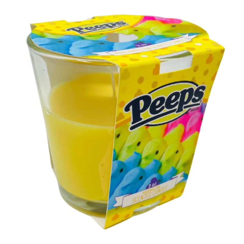 Front of Peeps Yellow Marshmallow Scented Candle showing bright yellow candle, Peeps logo, and colourful marshmallow characters (90g)