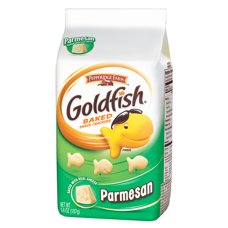 Front of Pepperidge Farm Goldfish Crackers Parmesan Flavour bag showing the goldfish logo, parmesan flavour label, and 187g pack size.