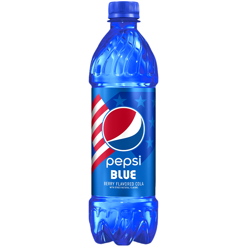 Front of Pepsi Blue Limited Edition bottle showing the bold blue label with berry flavour text and Pepsi logo (500ml)