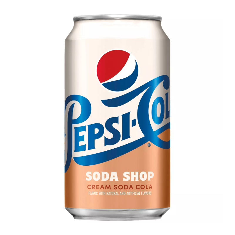 Front of Pepsi-Cola Soda Shop Cream Soda Cola can featuring logo, cream soda flavour label, and 355ml size identifier