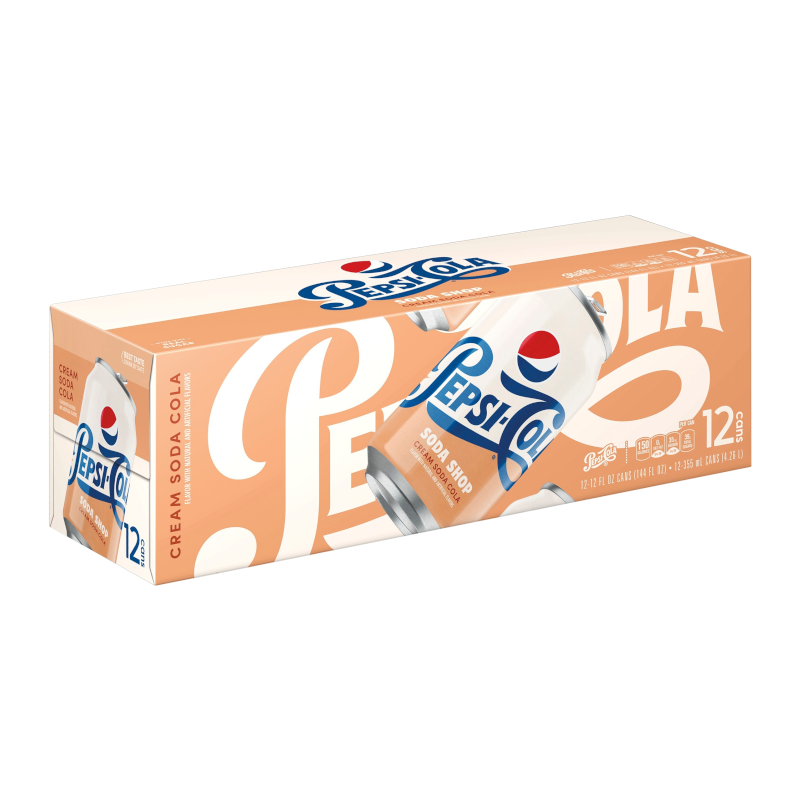 Front of a Pepsi-Cola Soda Shop Cream Soda Cola case featuring logo, cream soda flavour design, and pack size of 12 cans (355ml each)