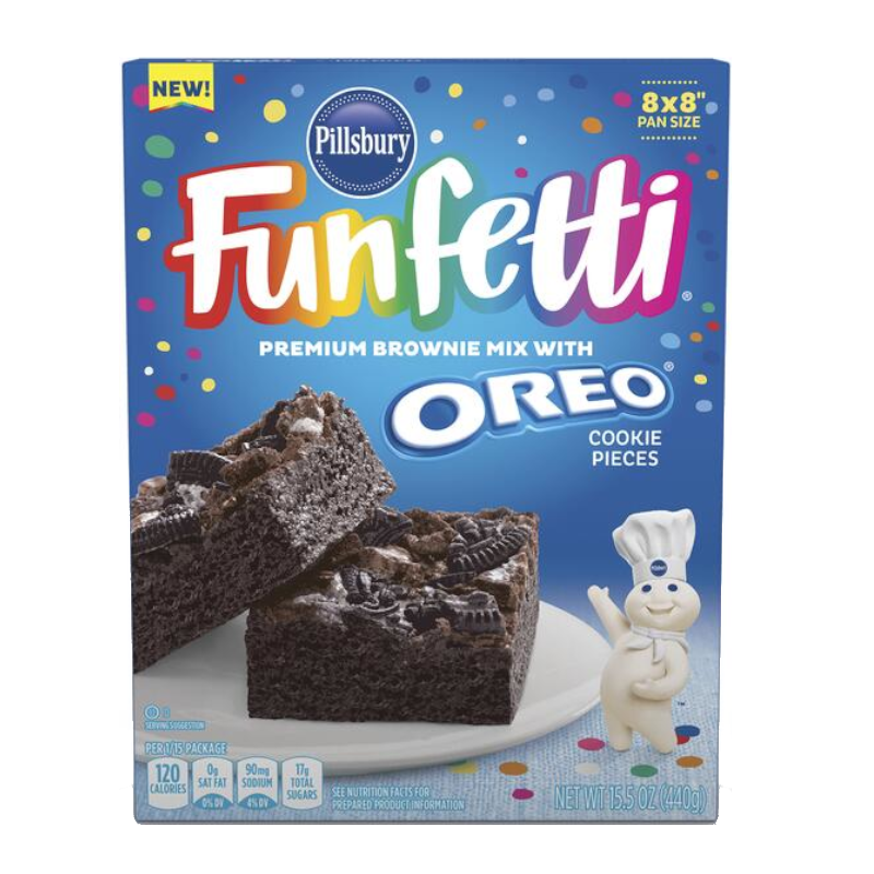 Front of Pillsbury Funfetti Oreo Brownie Mix box showing logo, brownie mix with Oreo cookie pieces, and 432g pack size